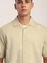 Beige Motif Embroidered Cuban Shirt