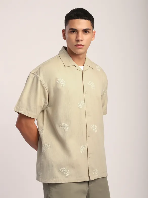 Beige Motif Embroidered Cuban Shirt