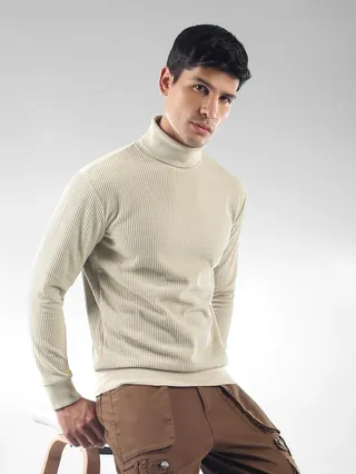 Man in beige ribbed turtleneck sweatshirts for men | Beyoung