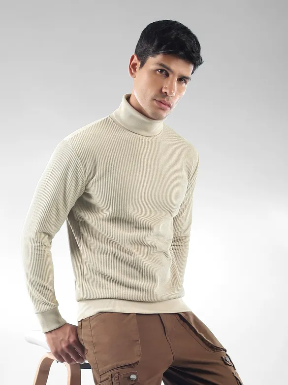 Man in beige ribbed turtleneck sweatshirts for men | Beyoung
