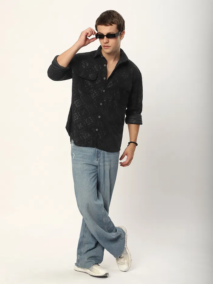 Black Abstract Structured Corduroy Shirt