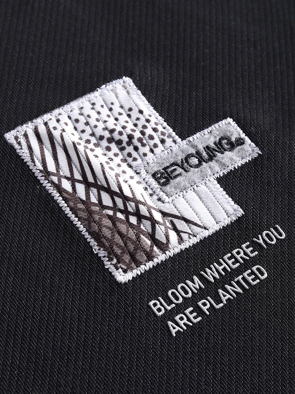 Black Applique Patch HD Print Oversized T-Shirt