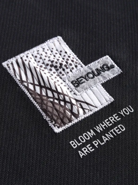 Black Applique Patch HD Print Oversized T-Shirt