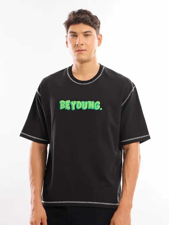 Black BEYOUNG Puff Print Oversized T-shirt