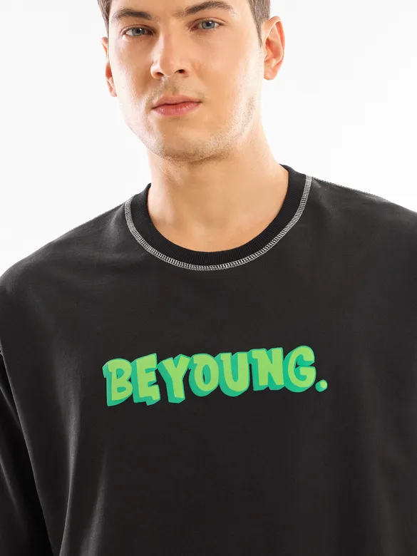 Black BEYOUNG Puff Print Oversized T-shirt