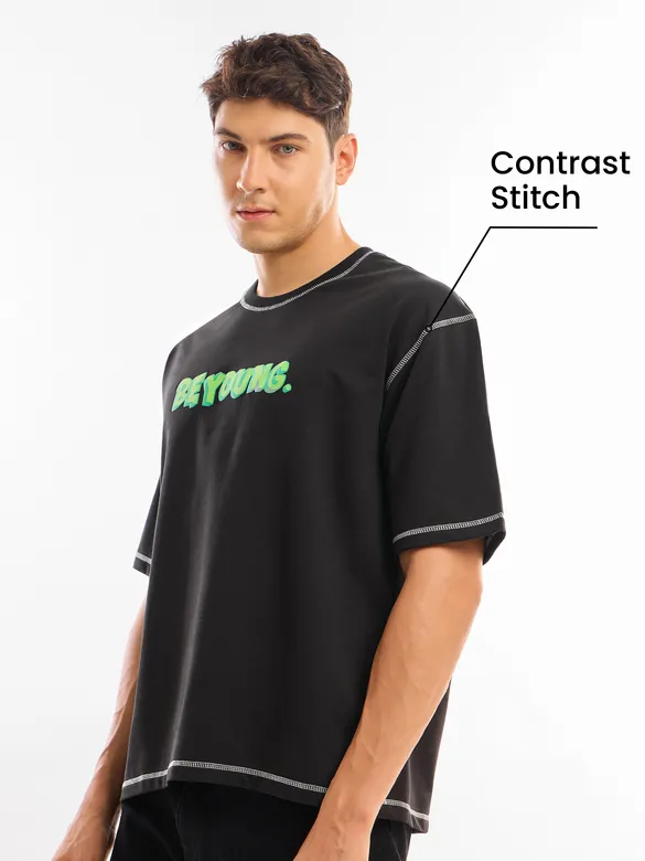 Black BEYOUNG Puff Print Oversized T-shirt