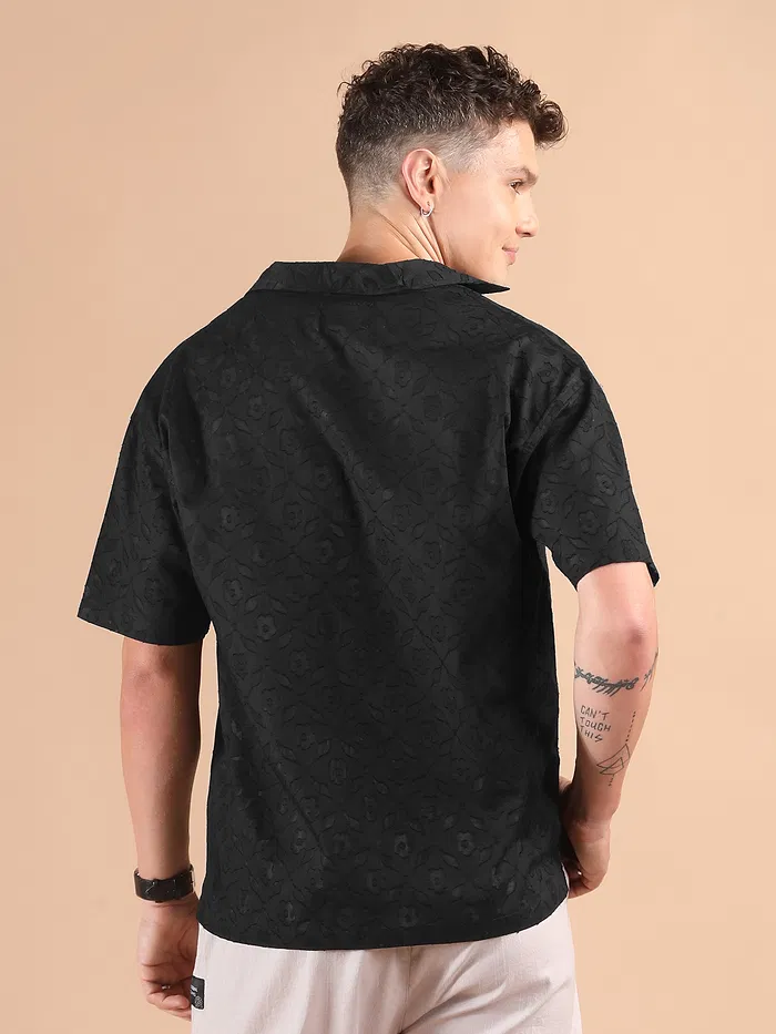 Black Cutwork Jacquard Cuban Shirt