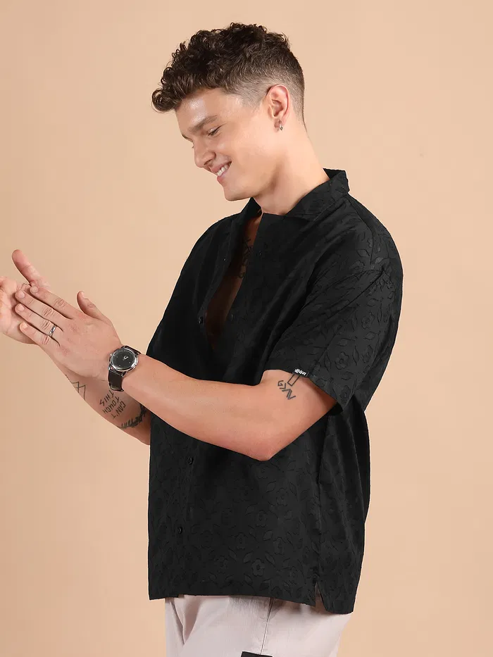 Black Cutwork Jacquard Cuban Shirt
