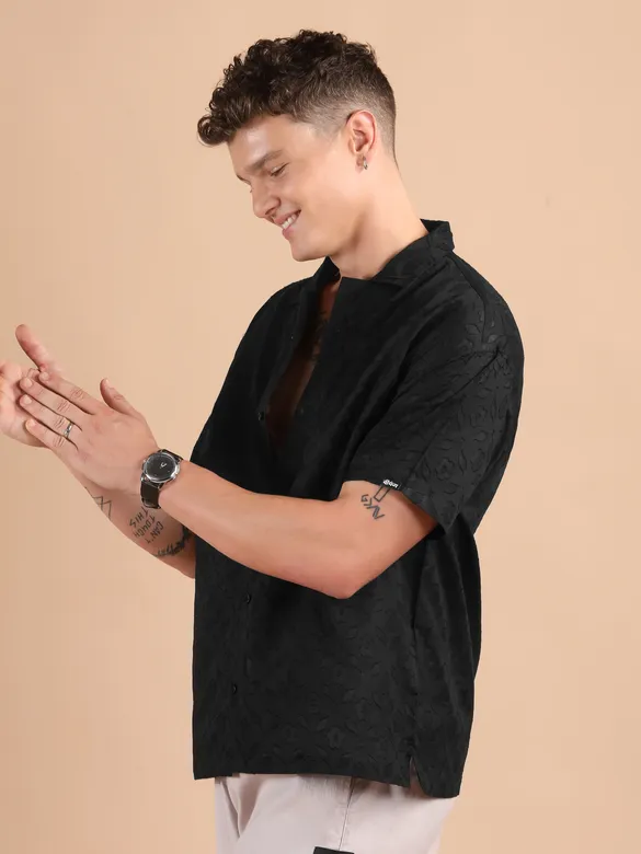 Black Cutwork Jacquard Cuban Shirt