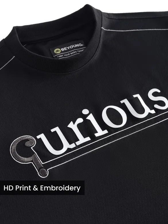 Black HD Embroidered Dual Sleeves Oversized T-Shirt