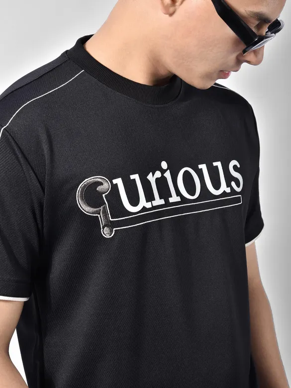Black HD Embroidered Dual Sleeves Oversized T-Shirt