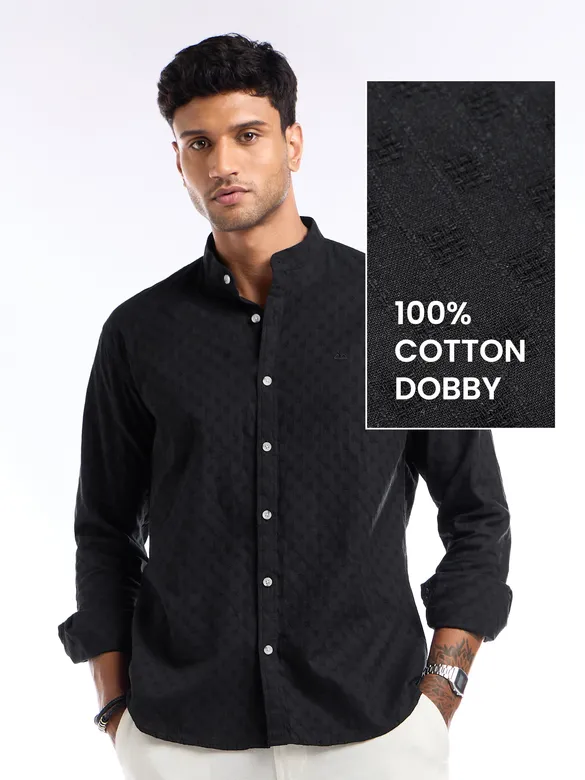 Black Mandarin Collar Shirt For Men