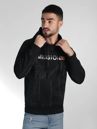 Black hoodie for men with 'Mission' text and graphic design.