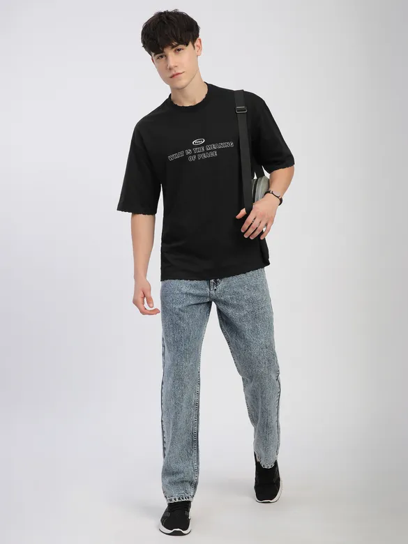 Black Peace Printed Ribbed Edge Oversized T-Shirt