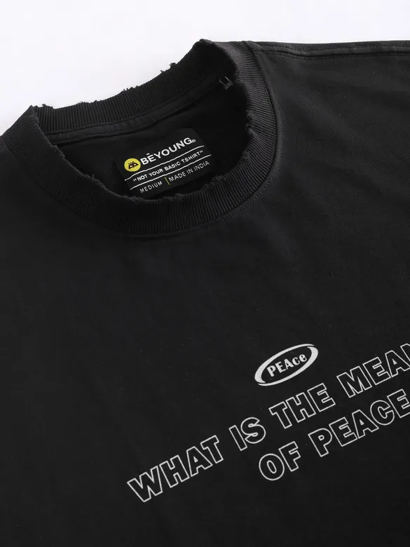 Black Peace Printed Ribbed Edge Oversized T-Shirt