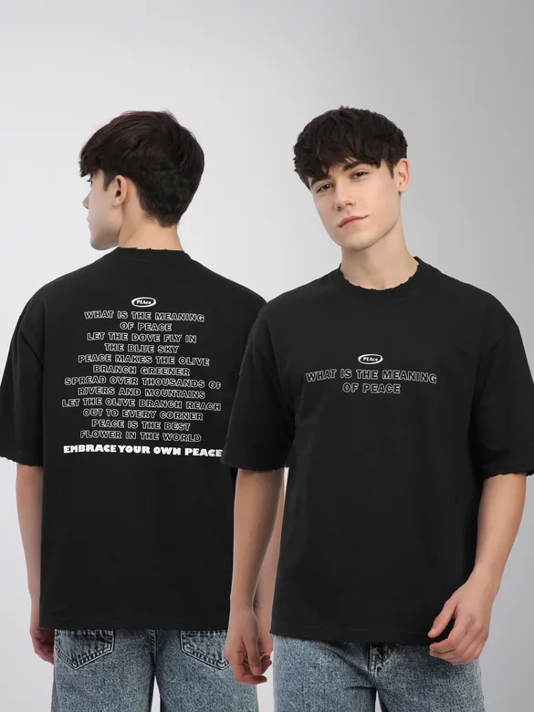 Black Peace Printed Ribbed Edge Oversized T-Shirt