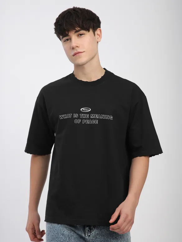 Black Peace Printed Ribbed Edge Oversized T-Shirt