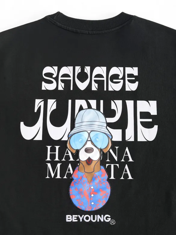 Black Savage Junkie Embroidered Patch Oversized T-Shirt