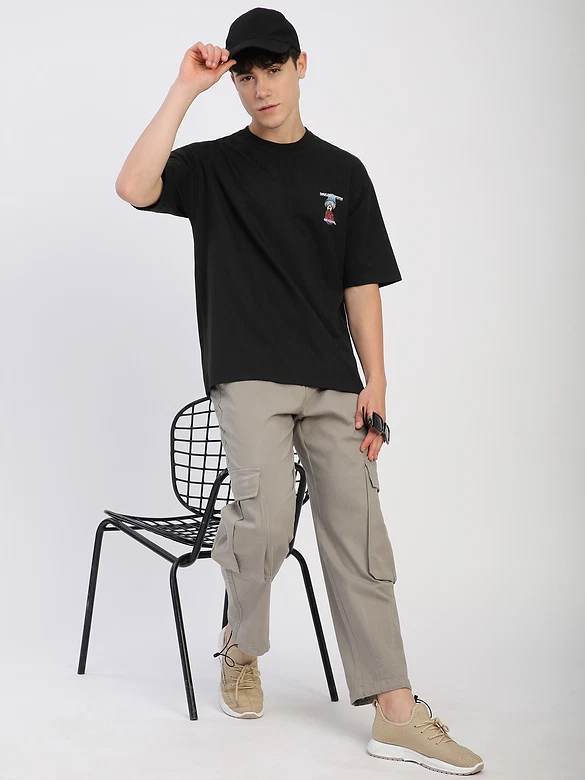 Black Savage Junkie Embroidered Patch Oversized T-Shirt