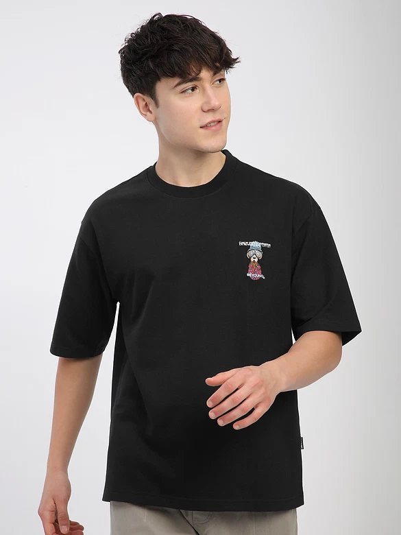 Black Savage Junkie Embroidered Patch Oversized T-Shirt