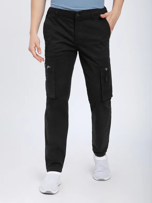 Black Slant Zipper Pocket Cargo Pants