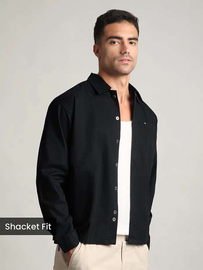 Black Solid Multipocket Shacket