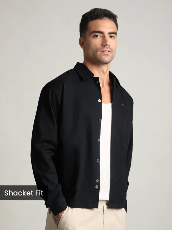 Black Solid Multipocket Shacket