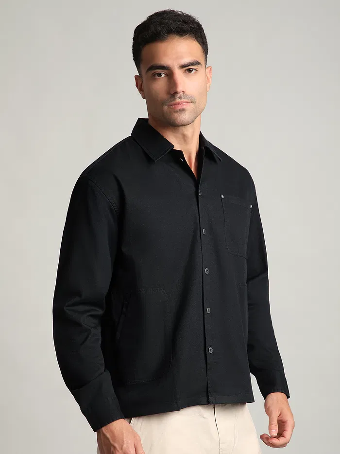 Black Solid Multipocket Shacket