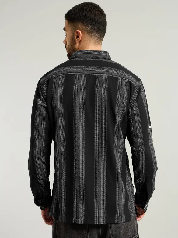 Black Striped Waffle Texture Shirt