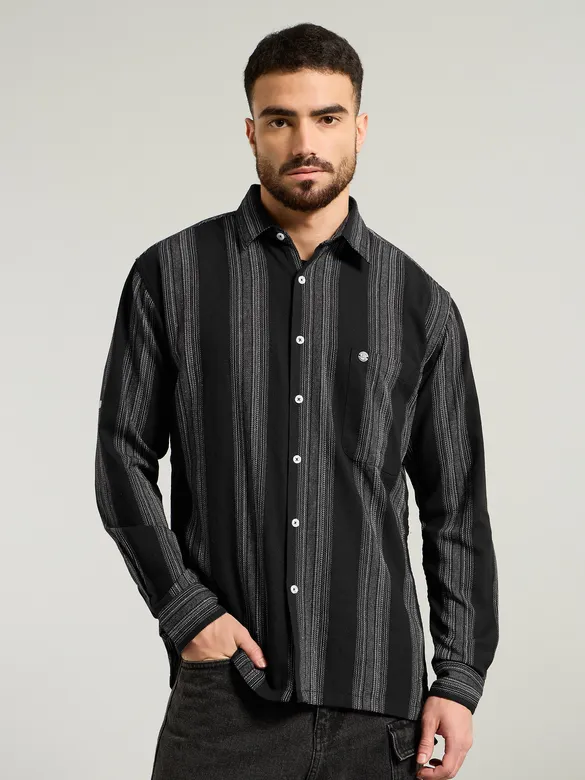 Black Striped Waffle Texture Shirt