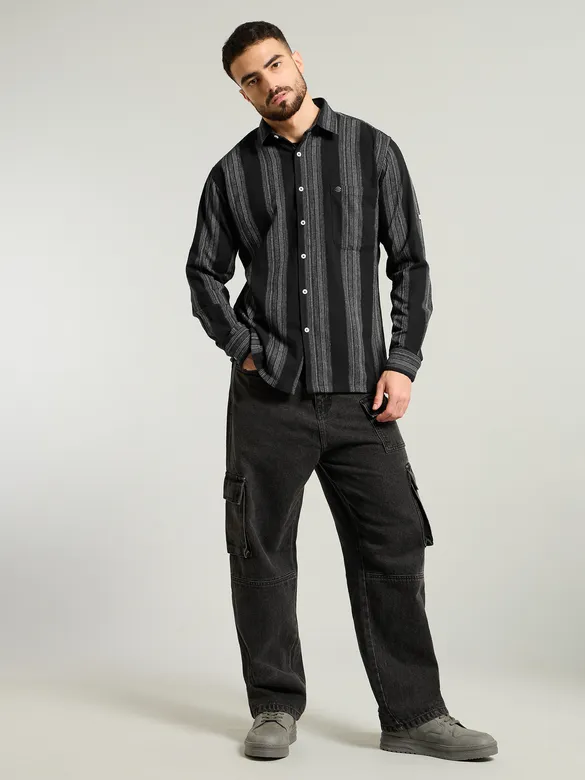 Black Striped Waffle Texture Shirt