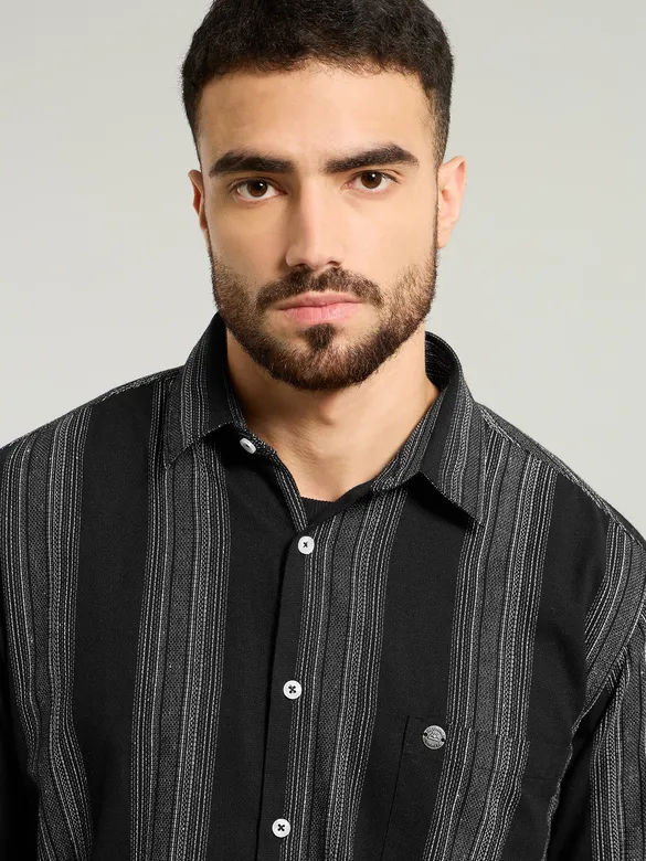 Black Striped Waffle Texture Shirt