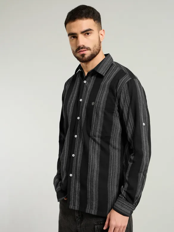Black Striped Waffle Texture Shirt