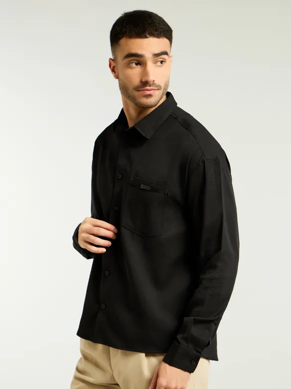 Black Textured Waffle Shirt