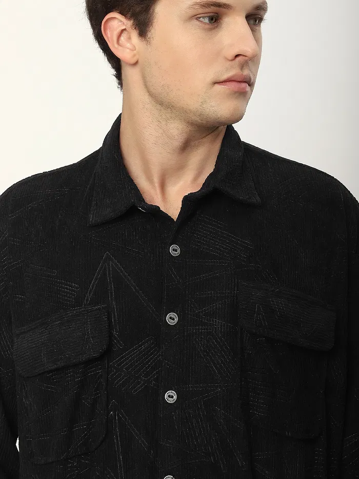 Black Tribal Textured Corduroy Shirt