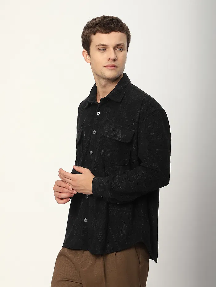 Black Tribal Textured Corduroy Shirt