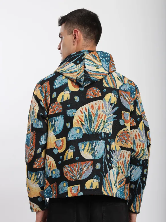 Black Tropical Print Hoodie Shacket