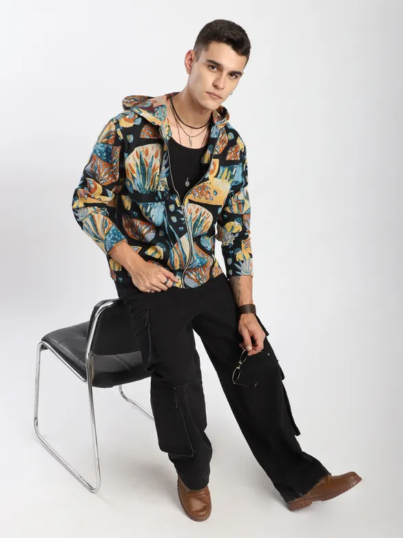Black Tropical Print Hoodie Shacket