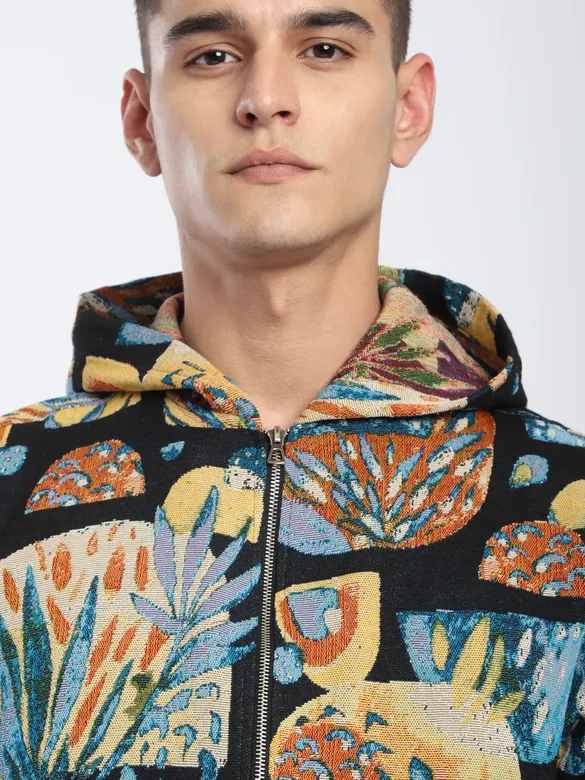 Black Tropical Print Hoodie Shacket