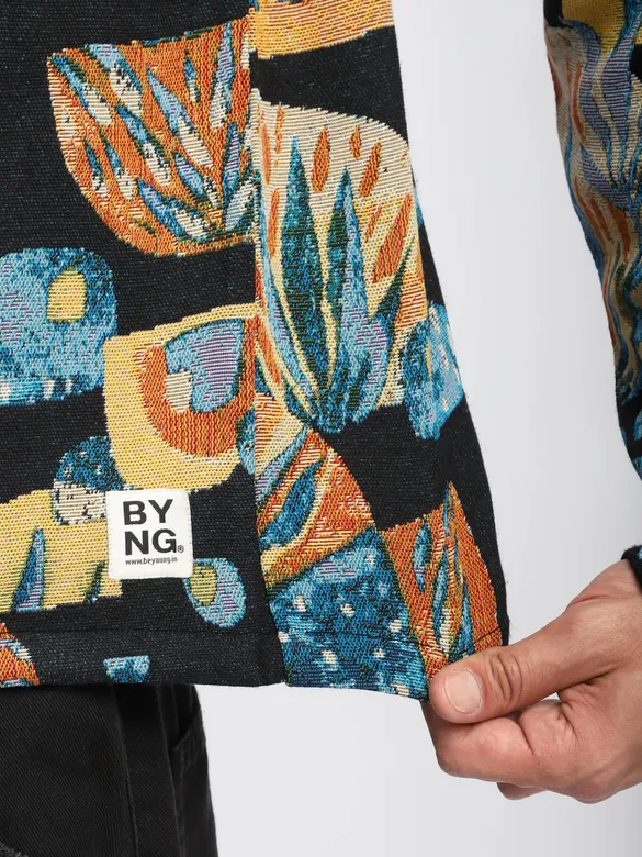 Black Tropical Print Hoodie Shacket