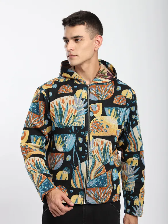 Black Tropical Print Hoodie Shacket