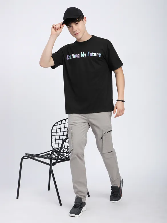Black Typography Printed Oversized T-Shirt