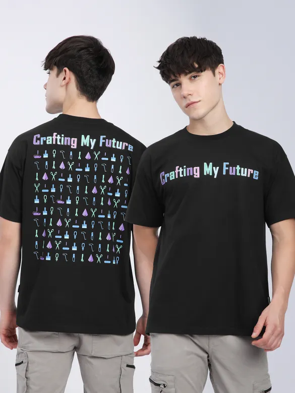 Black Typography Printed Oversized T-Shirt