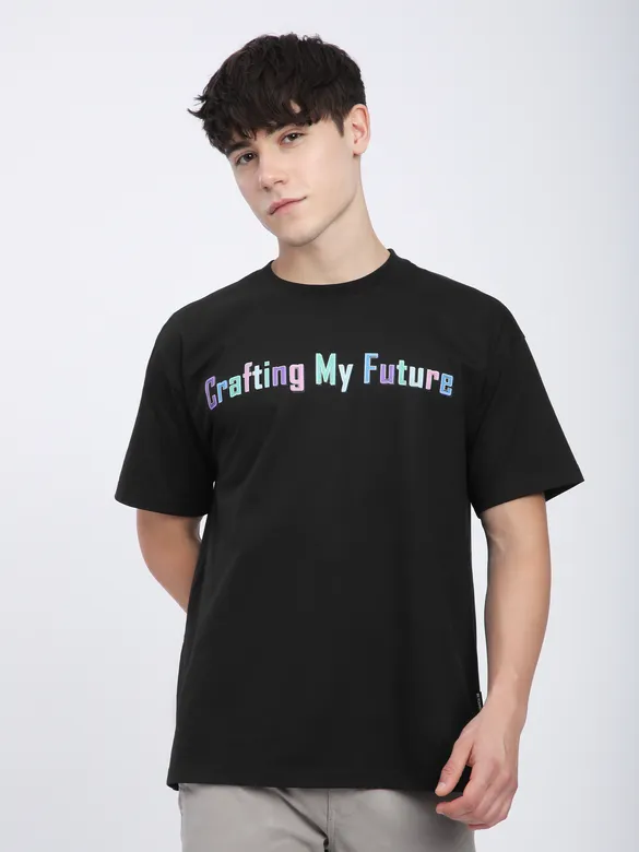 Black Typography Printed Oversized T-Shirt