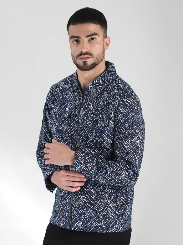 Blue Abstract print jackets for men with pockets