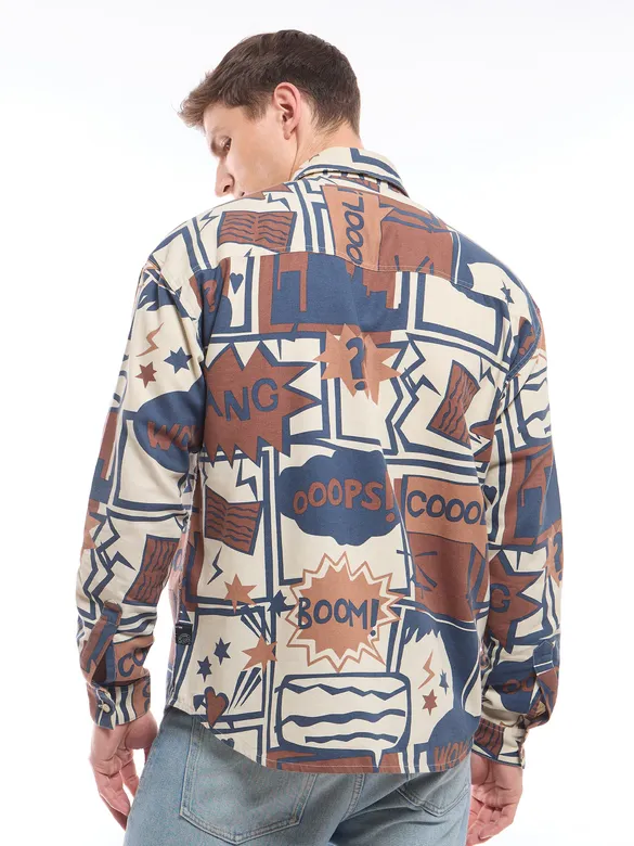 Blue and Brown Printed Dual Pocket Overshirt