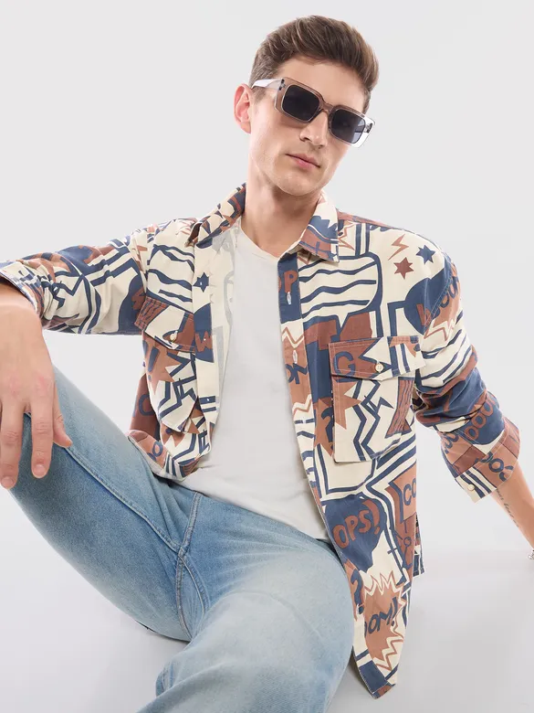 Blue and Brown Printed Dual Pocket Overshirt