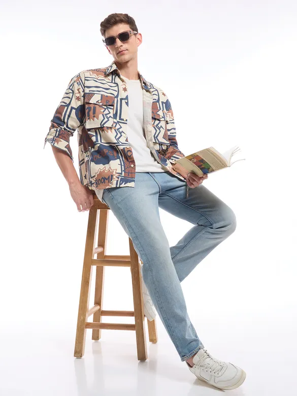 Blue and Brown Printed Dual Pocket Overshirt