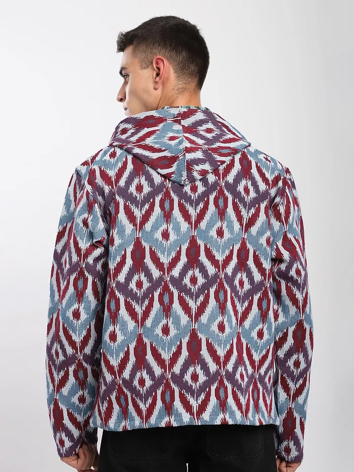 Blue Ikat Print Hoodie Shacket