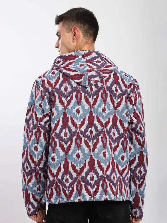 Blue Ikat Print Hoodie Shacket